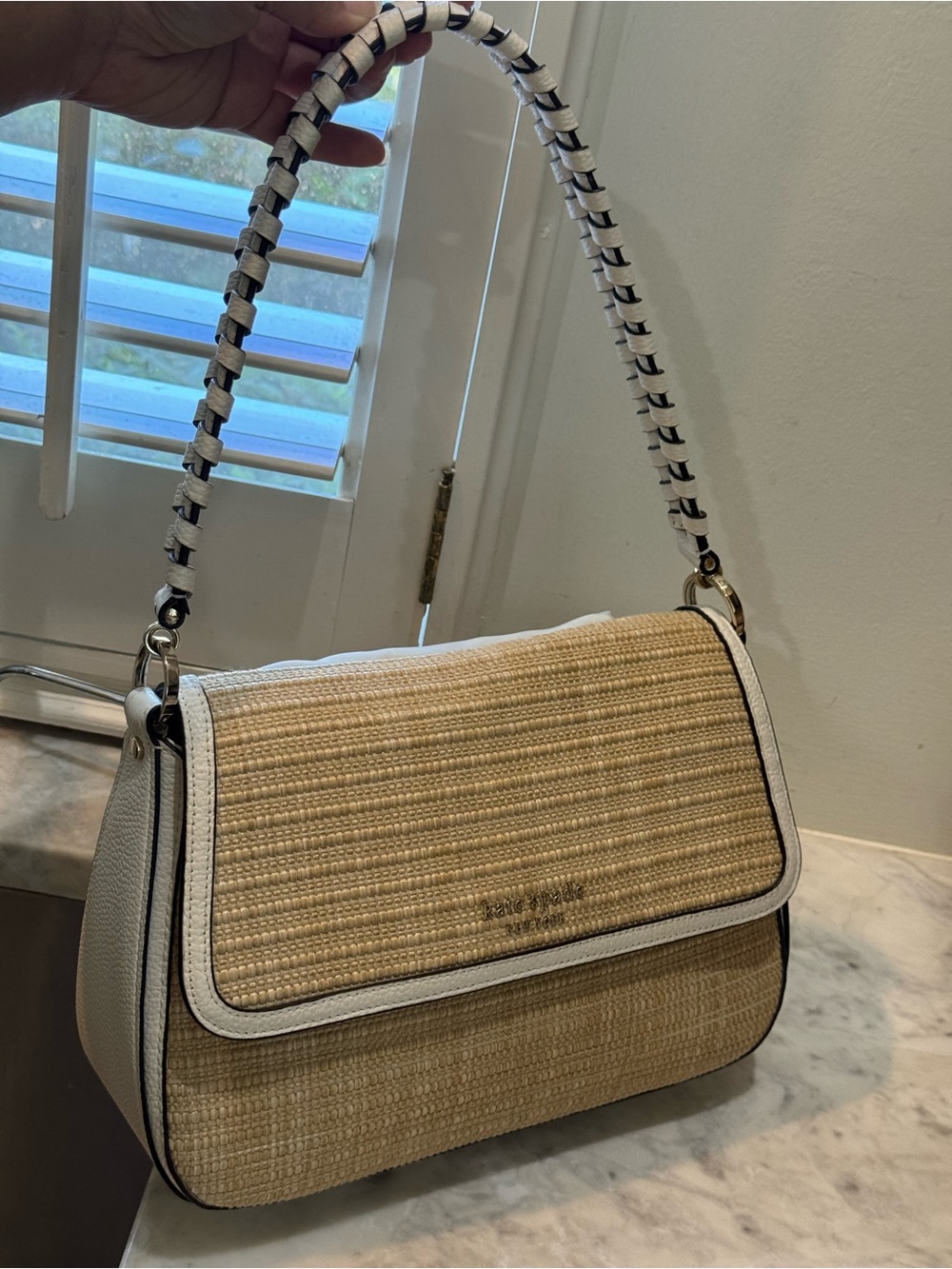 Kate Spade HUDSON Natural Straw and White Leather Shoulder & Cross Body Bag - Picture 7 of 14